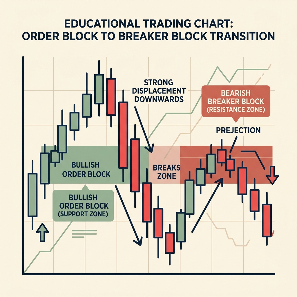 OB thất bại → Breaker Block. Bullish OB bị phá với displacement, trở thành bearish Breaker.