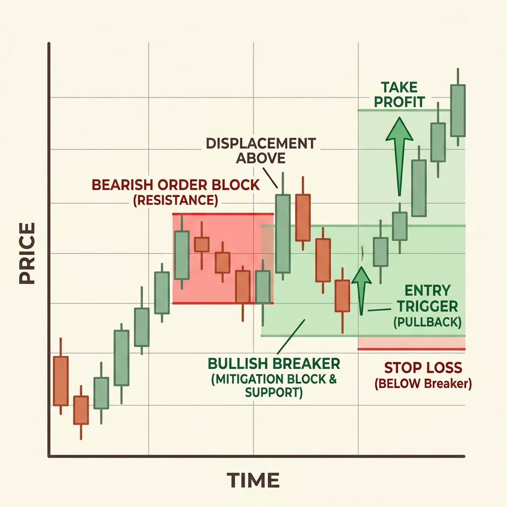 Ví dụ: Bearish OB → Bullish Breaker với điểm entry, SL, TP.