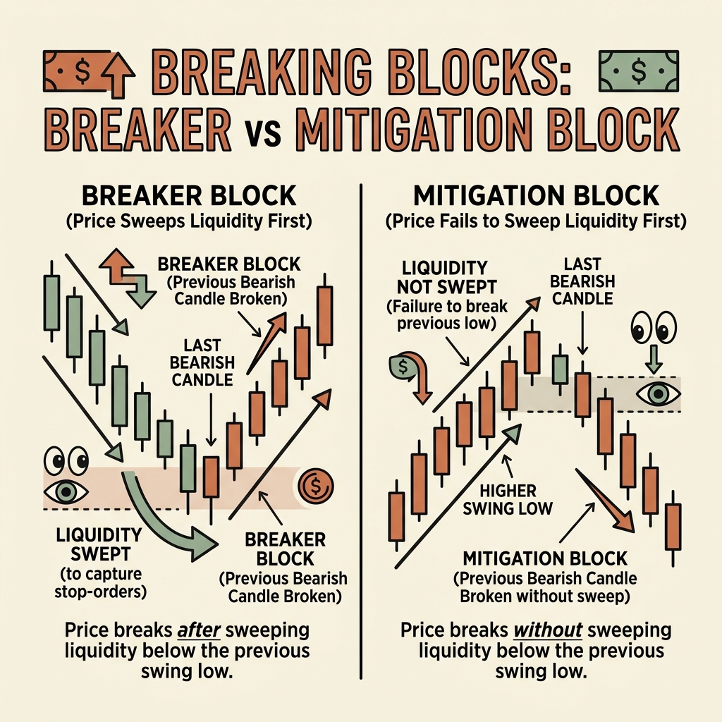 So sánh Breaker Block vs Mitigation Block.