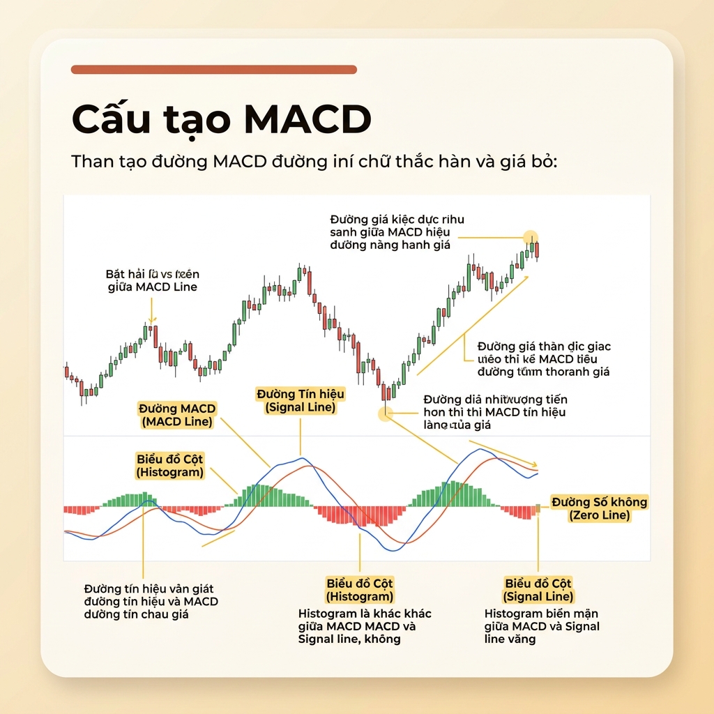Cấu tạo MACD gồm MACD line, Signal line và Histogram.