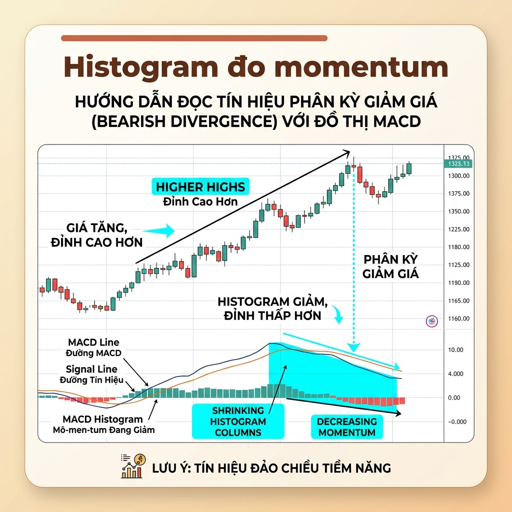 Histogram nhỏ dần cho thấy momentum đang chậm lại dù giá vẫn tăng.