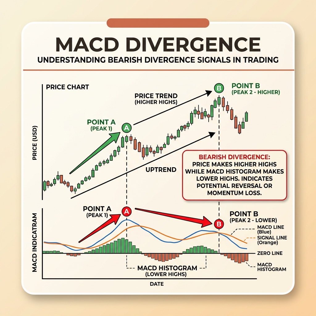 Bearish divergence: Giá tạo đỉnh cao hơn nhưng histogram tạo đỉnh thấp hơn.