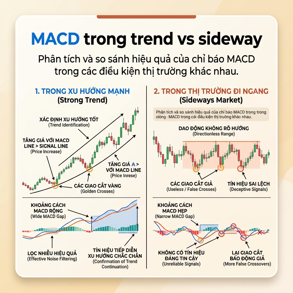 So sánh hiệu quả của MACD trong thị trường có xu hướng và đi ngang.