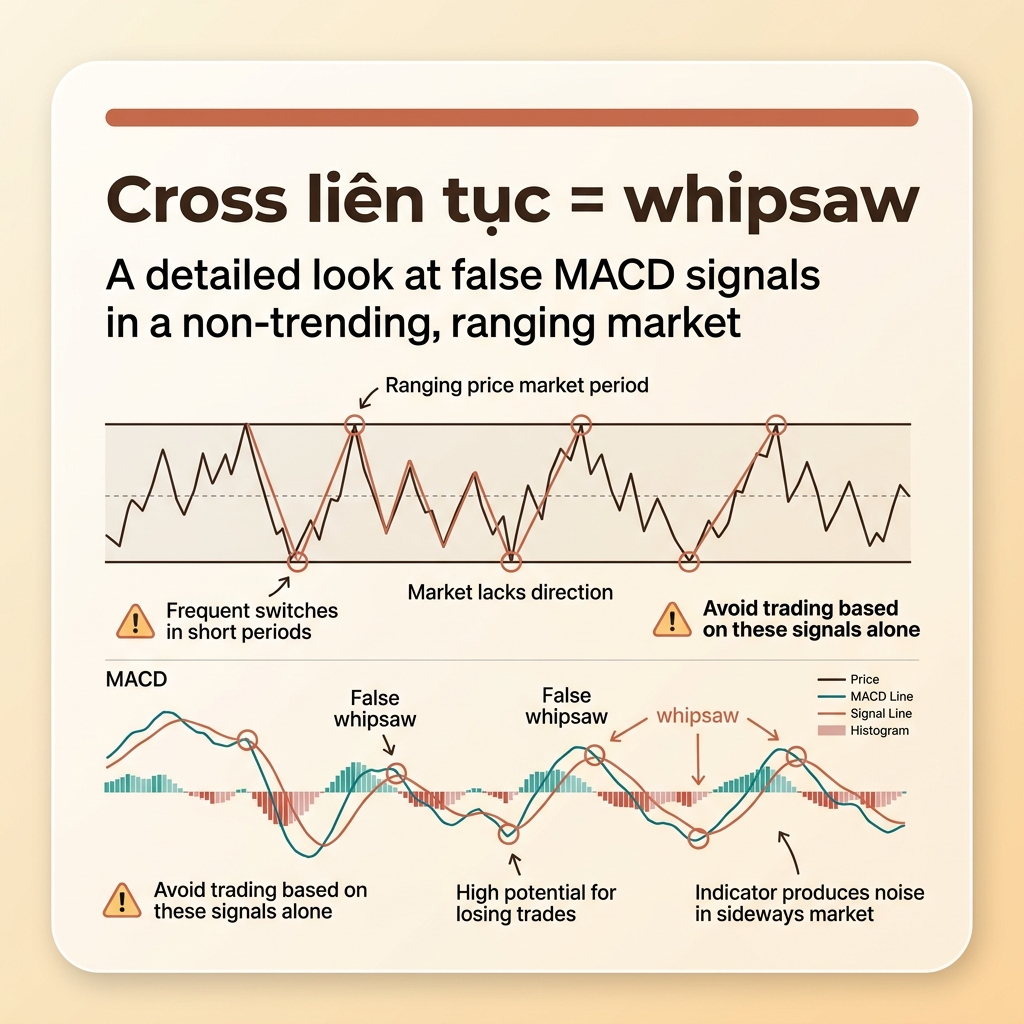 Cross liên tục trong vùng sideway khiến trader dính whipsaw liên tục.