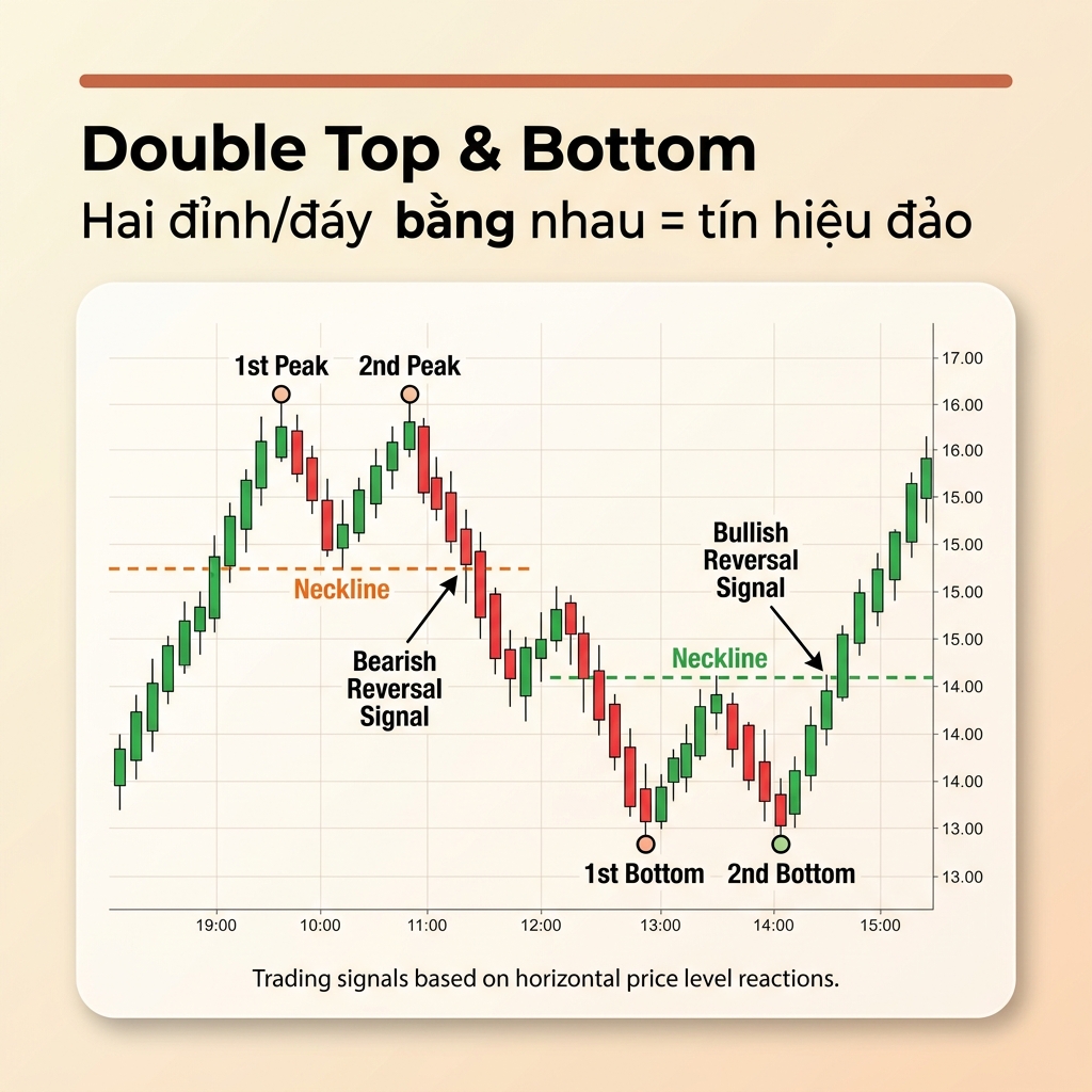 Double Top & Bottom — Hai đỉnh/đáy bằng nhau = tín hiệu đảo
