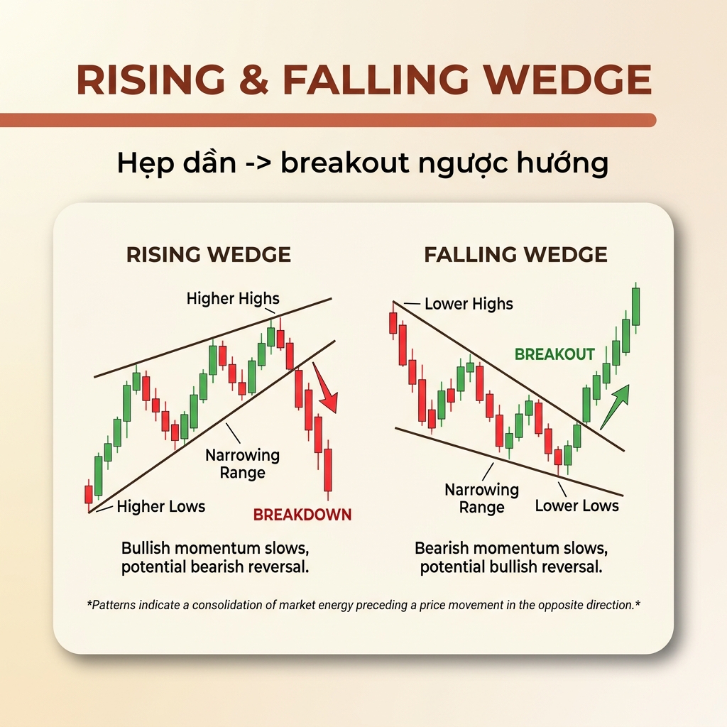 Rising & Falling Wedge — Hẹp dần → breakout ngược hướng