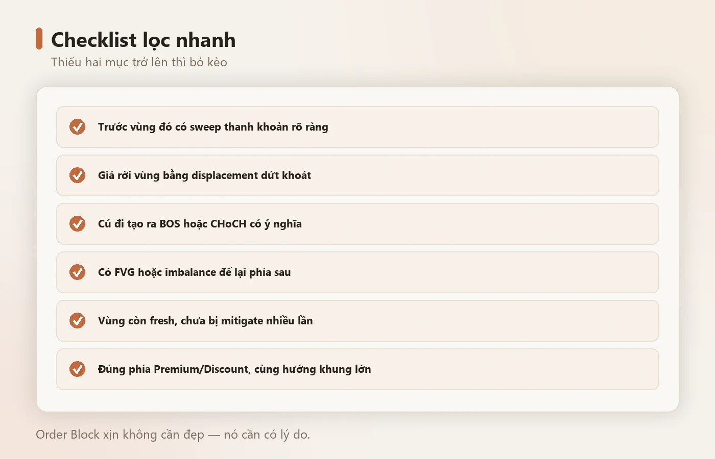 Checklist lọc nhanh trước khi đặt lệnh.