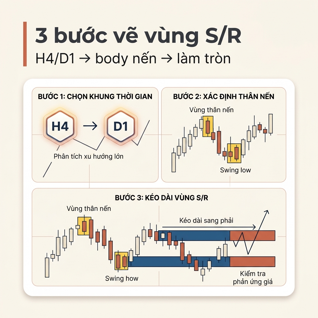 3 bước vẽ vùng S/R: H4/D1, body nến, làm tròn.