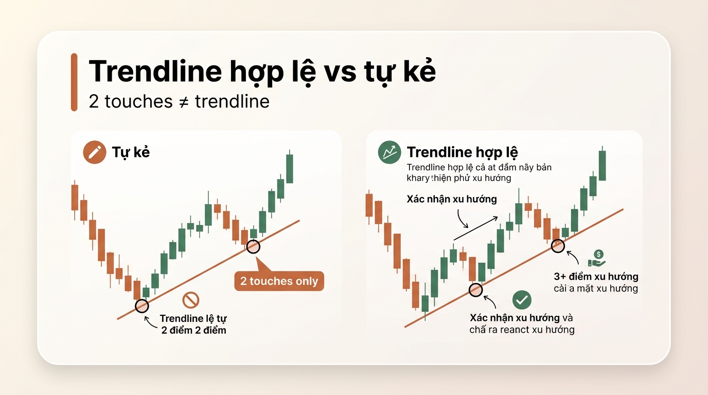 Trendline hợp lệ vs tự kẻ: 2 touches ≠ trendline. Cần ít nhất 3 điểm chạm có phản ứng rõ ràng.