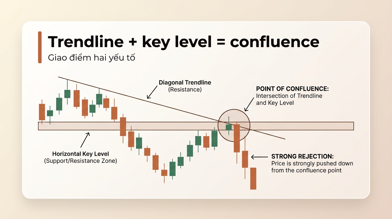 Trendline + key level = confluence. Giao điểm hai yếu tố.